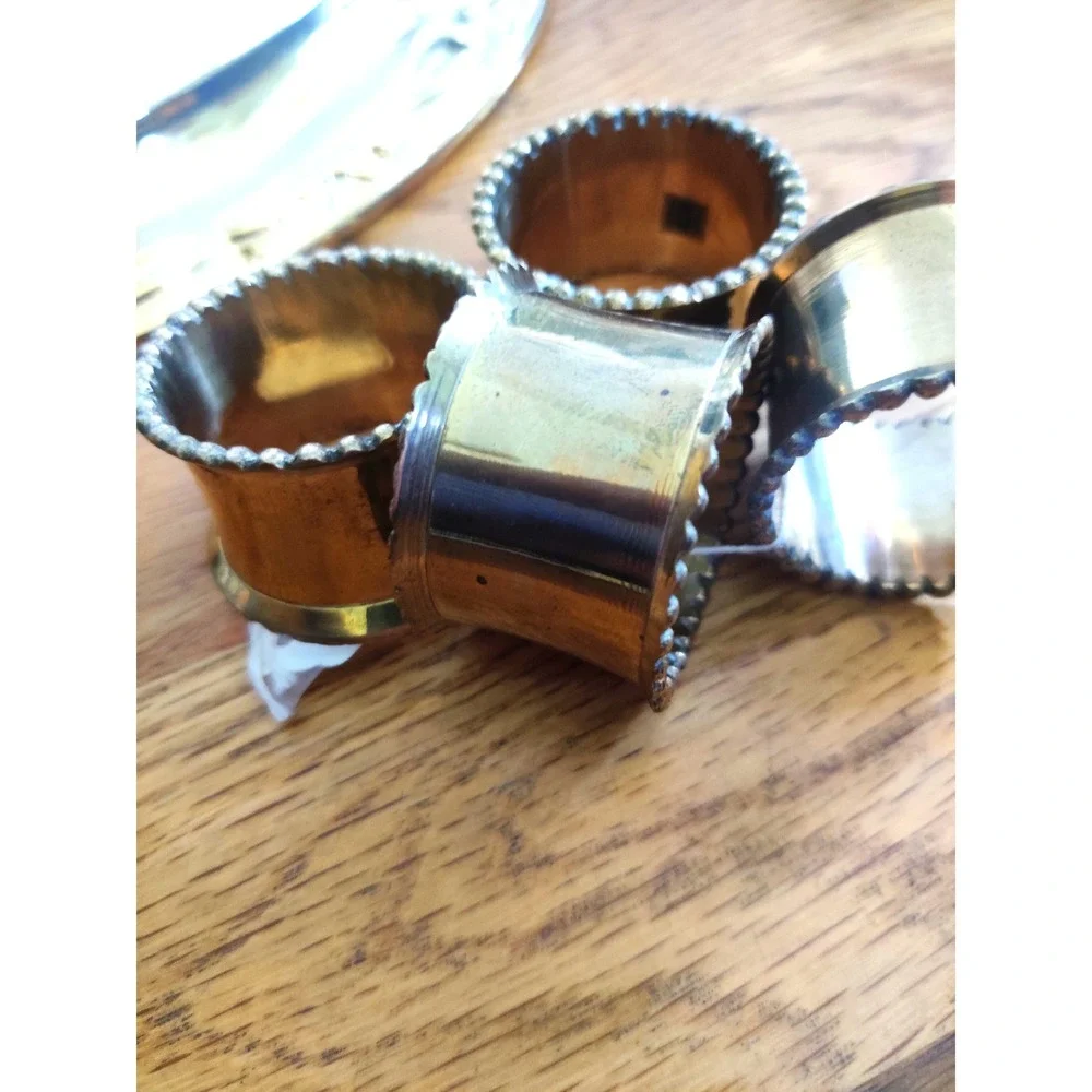 Vintage Gold Tone Round Etched Serving Tray and Beaded Napkin Rings Set of 5